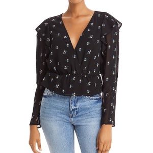 WAYF Black Floral Chiffon V-Neck blouse